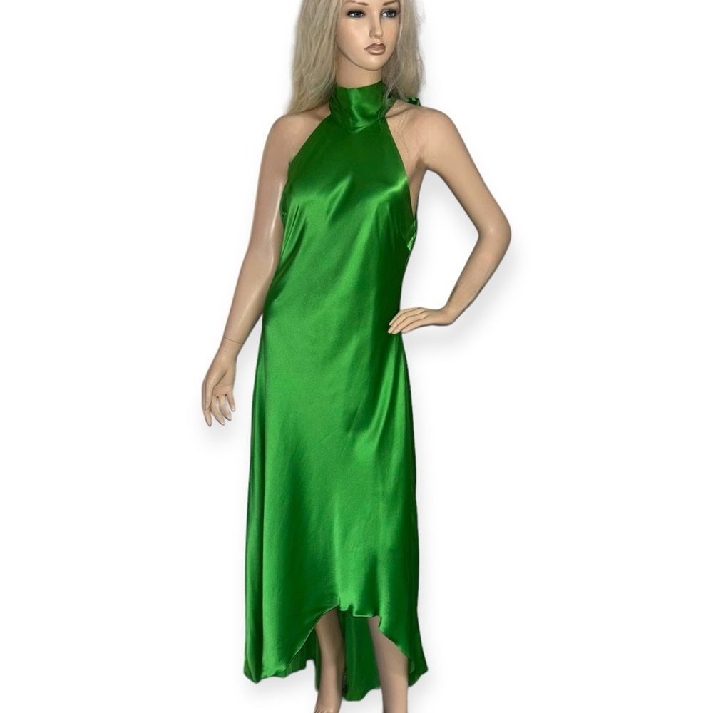 FRAME Draped Neck Tie Halter Dress in Bright Peridot Silk Size Large NEW - Picture 4 of 16